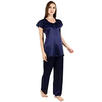 Cotovia Stylish Satin Solid Top and Pajama Set for Women and Girls (Free Size, Blue)-thumb4