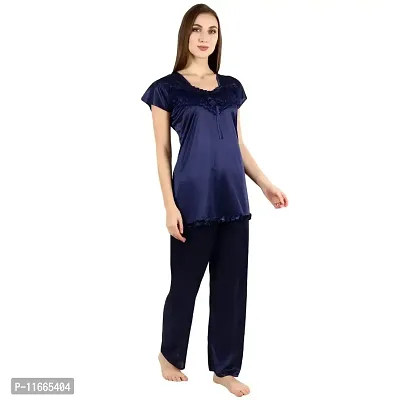 Cotovia Stylish Satin Solid Top and Pajama Set for Women and Girls (Free Size, Blue)-thumb5