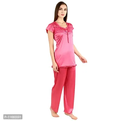 Cotovia Stylish Satin Solid Top and Pajama Set for Women and Girls (Medium, Pink)-thumb4