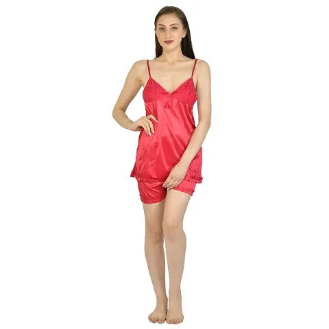 Cotovia Women Satin Blend Top & Shorts Nightwear/Loungewear Set with Lace (Medium, Red)