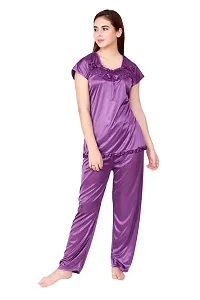 Cotovia Women's Satin Plain/Solid Top and Pyjama Set Pack of 1 (Medium, Purple)-thumb4