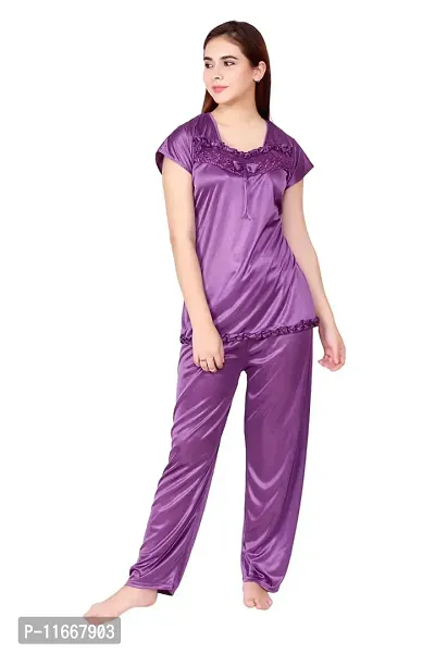 Cotovia Women's Satin Plain/Solid Top and Pyjama Set Pack of 1 (Medium, Purple)-thumb5