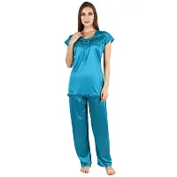 Cotovia Stylish Satin Solid Top and Pajama Set for Women and Girls (Medium, Light Blue)-thumb3