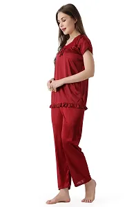 Cotovia Women's Plain Satin Night Suit (Top and Pyjama) (L, Maroon)-thumb2