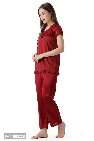 Cotovia Women's Plain Satin Night Suit (Top and Pyjama) (L, Maroon)-thumb3