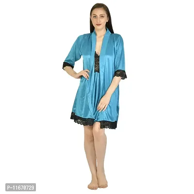 Cotovia Women's Stylish Night Robe 2 Piece Nightwear - Free Size Nighty (Medium, Blue)-thumb0