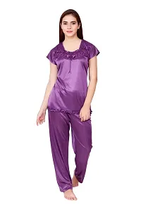 Cotovia Women's Satin Plain/Solid Top and Pyjama Set Pack of 1 (Large, Purple)-thumb2