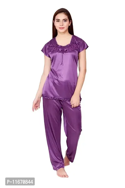 Cotovia Women's Satin Plain/Solid Top and Pyjama Set Pack of 1 (Large, Purple)-thumb3