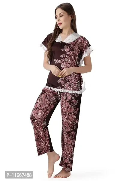 Cotovia Women's Cotton Dot Printed Night Suit Set of Top & Pyjama (Free Size, Brown)-thumb0