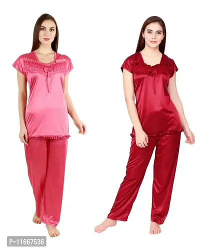 Cotovia Women's Satin Plain/Solid Night Suit Set Pack of 2 Combo Set (Free Size, Pink and Maroon)