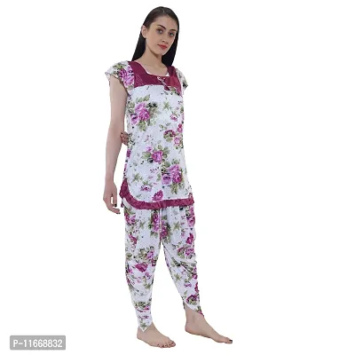 Cotovia Top and Dhoti Style Night Suit, Floral Print Nightdress, Night Gown for Women and Girls. (Small, Maroon)-thumb3