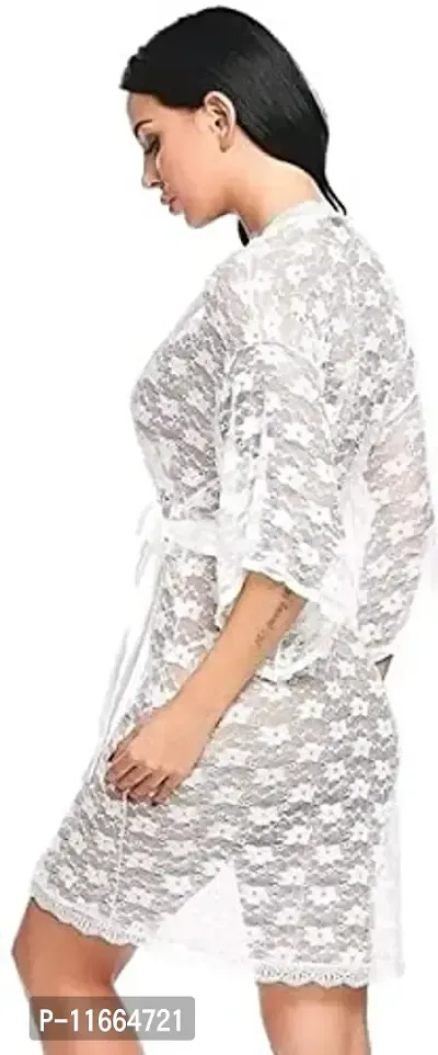 Cotovia Womens Babydoll Lace Net Robe Lingerie Nightwear Dress (Free Size, White)-thumb2