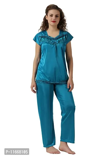 Cotovia Women's Satin Solid Pyjama Set Pack of 1 (Free Size, Light Blue)-thumb5