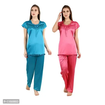Cotovia Women's Satin Solid Pajama Set Pack Of 2 (C-PS-COMBO_Beige, Pink & Light Blue_Free Size)