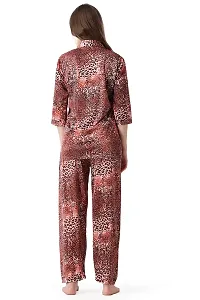 Cotovia Pants Women's Silk Satin Animal Print Night Suit. (M, Red Multicolor)-thumb1