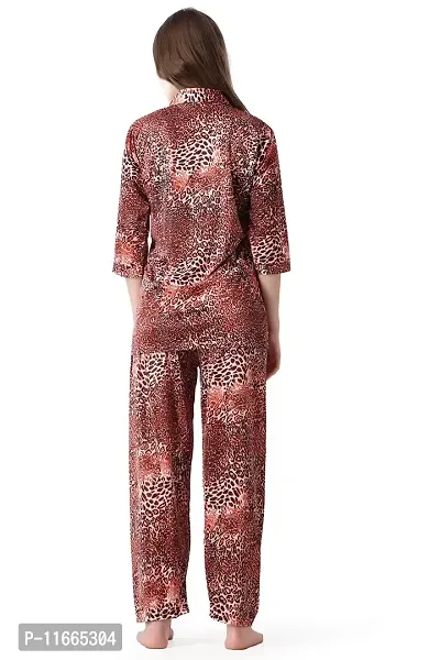 Cotovia Pants Women's Silk Satin Animal Print Night Suit. (M, Red Multicolor)-thumb2