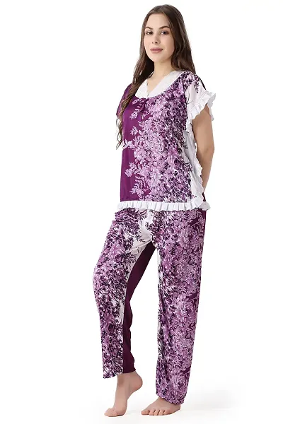 Cotovia Women's Satin Printed Night Suit Set of Top & Pyjama