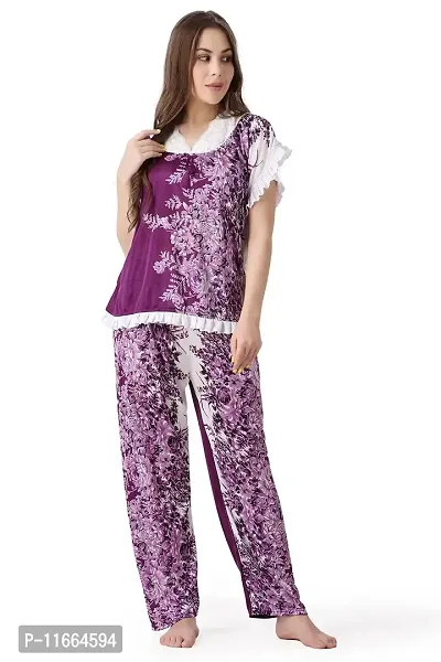 Cotovia Women's Cotton Dot Printed Night Suit Set of Top & Pyjama (Free Size, Purple)-thumb3