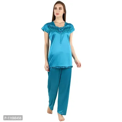 Cotovia Stylish Satin Solid Top and Pajama Set for Women and Girls (Large, Light Blue)-thumb3