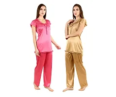 Cotovia Women's Satin Solid Top And Pajama Set Night Dress Pack Of 2 (C-PS-COMBO_Green, Gold And Pink_Free Size)-thumb1