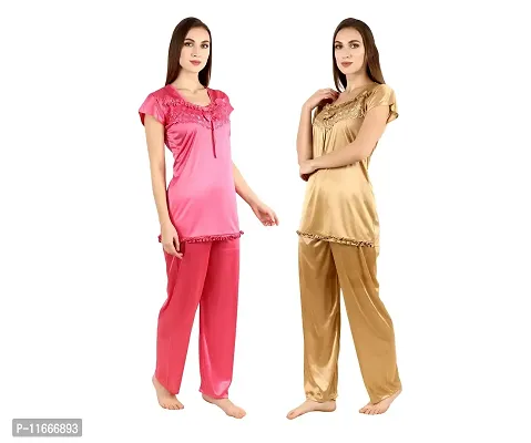 Cotovia Women's Satin Solid Top And Pajama Set Night Dress Pack Of 2 (C-PS-COMBO_Green, Gold And Pink_Free Size)-thumb2