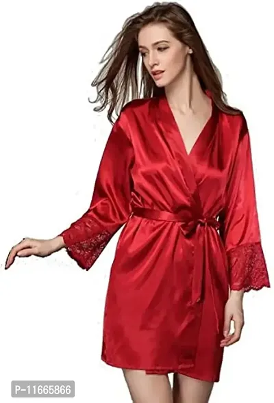 Cotovia Women Satin Kimono Robe V-Neck Nightwear for Women with Lace Design for Female (Free Size, Red)