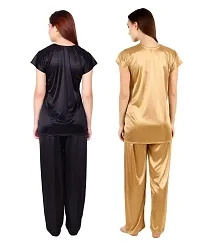 Cotovia Women's Satin Plain/Solid Night Suit Set Pack of 2 (Large, Black and Golden)-thumb1