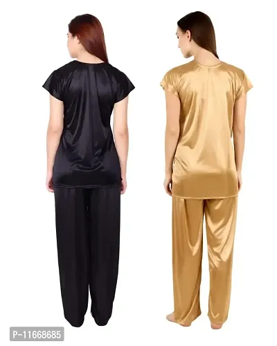 Cotovia Women's Satin Plain/Solid Night Suit Set Pack of 2 (Large, Black and Golden)-thumb2