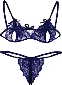 Cotovia Bra & Panty Set Self Design Lingerie Set (Free Size, Neavy Blue)-thumb1