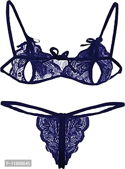 Cotovia Bra & Panty Set Self Design Lingerie Set (Free Size, Neavy Blue)-thumb2