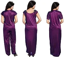 Cotovia Women's Satin Plain/Solid Nightwear Set Pack of 4 (Free Size, Purple)-thumb2