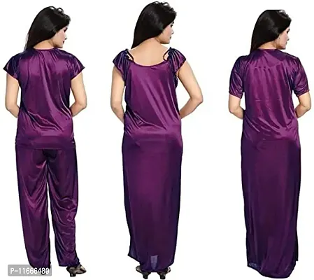 Cotovia Women's Satin Plain/Solid Nightwear Set Pack of 4 (Free Size, Purple)-thumb3