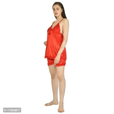 Cotovia Women Satin Blend Top & Shorts Nightwear/Loungewear Set with Lace (Medium, Red)-thumb2