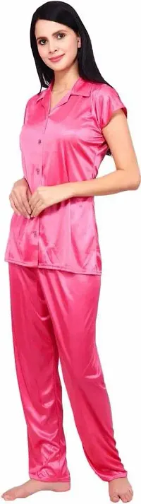 Cotovia Women's Plain Satin Night Suit (Shirt and Pyjama) (Color Options) (Free Size) (Free Size, Pink)-thumb3