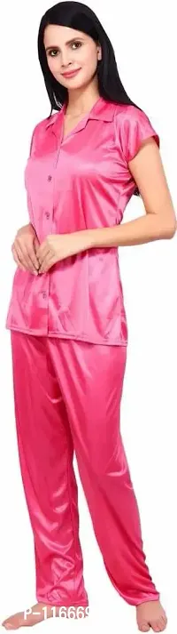 Cotovia Women's Plain Satin Night Suit (Shirt and Pyjama) (Color Options) (Free Size) (Free Size, Pink)-thumb4