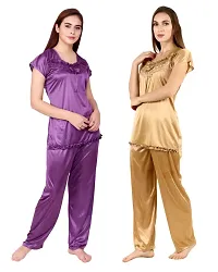 Cotovia Women's Satin Night Suit Combo Set (Medium, Golden and Purple)-thumb3
