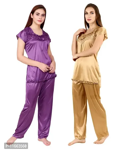 Cotovia Women's Satin Night Suit Combo Set (Medium, Golden and Purple)-thumb4