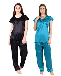 Cotovia Women's Satin Night Suit Combo Set (Large, Black and Light Blue)-thumb1