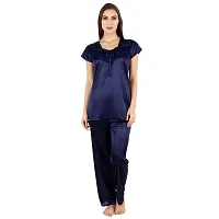 Cotovia Stylish Satin Solid Top and Pajama Set for Women and Girls (Free Size, Blue)-thumb3