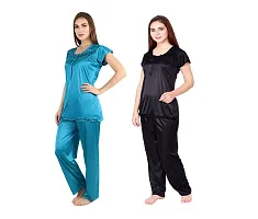 Cotovia Stylish Satin Women?s Latest Free Size Top and Pajama Set Night Dress for Women/Girls Combo (Pack of 2) (Black & Light Blue)-thumb1