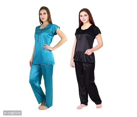 Cotovia Stylish Satin Women?s Latest Free Size Top and Pajama Set Night Dress for Women/Girls Combo (Pack of 2) (Black & Light Blue)-thumb2