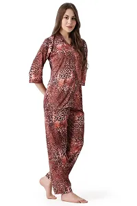 Cotovia Pants Women's Silk Satin Animal Print Night Suit. (M, Red Multicolor)-thumb3