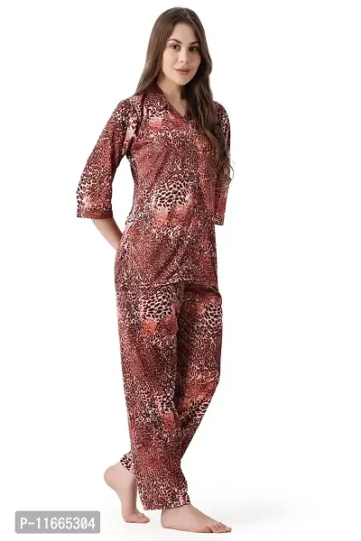 Cotovia Pants Women's Silk Satin Animal Print Night Suit. (M, Red Multicolor)-thumb4