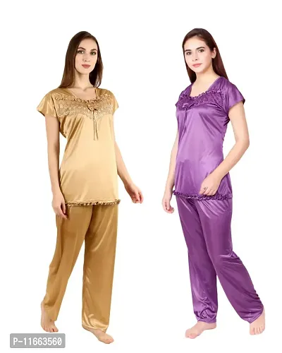Cotovia Women's Satin Night Suit Combo Set (Medium, Golden and Purple)-thumb3