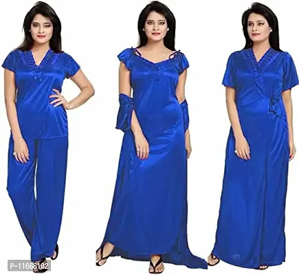 Cotovia Women's Satin Plain/Solid Nightwear Set Pack of 4 (Free Size, Blue)