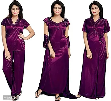 Cotovia Women's Satin Solid Maxi Length Nighty, Wrap Gown, Bra and Thong (FP411OMR375_Pink_Free Size) (Pack of 4) (Free Size, Purple)