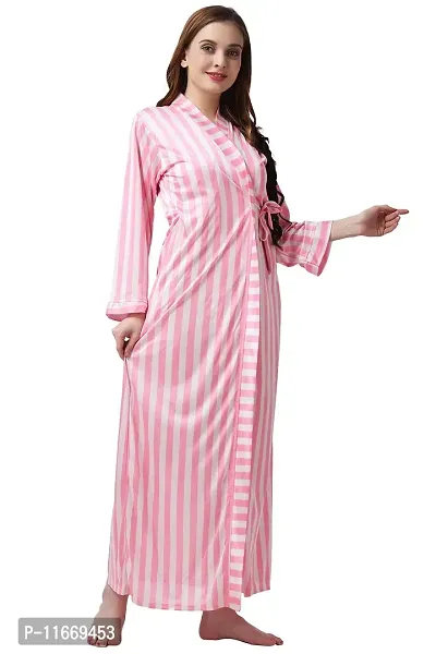 Cotovia Women's Lace & Satin Solid Maxi Nighty with Wrap Gown (Free Size, Pink)-thumb4