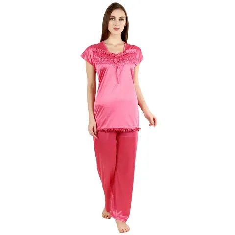 Women's Synthetic Solid Night Wear Top with Pajama (Color-NVY Blue, Size L)