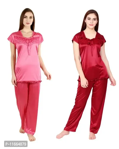 Cotovia Women's Satin Night Suit Combo Set (Medium, Pink and Maroon)