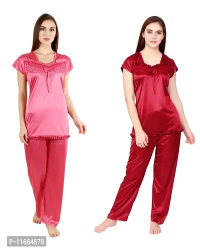 Cotovia Women's Satin Night Suit Combo Set (Medium, Pink and Maroon)-thumb0